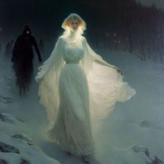 a painting of a woman in a white dress walking through the snow with two men behind her