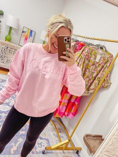 Erin is wearing a medium! Size up for a more roomy fit!50% cotton, 50% polyester Pink Sweatshirt, Medium Size, 50 %, Thing 1, Sweatshirts, Pink, How To Wear