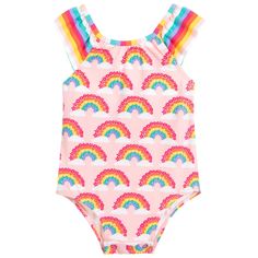 Baby girls pink sun protective swimsuit by Hatley. Made in soft, silky nylon, it is patterned with colourful rainbows and stripes. There are useful popper fastenings between the legs. Baby Bowls, Magical Rainbow, Beach Look, Rainbow Baby