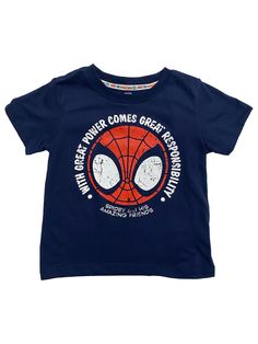 Marvel Spider-Man Infant & Toddler Boys Blue Spider Man T-Shirt Tee Shirt Your little one will look adorable in this fun short sleeved blue Spider-Man t-shirt! Infant & toddler sizes 60% Cotton, 40% Polyester Made in China Payment We accept PayPal as our payment method. Immediate payment is required. If you have any questions about payment, please feel free to contact our customer support team. Return Policy We have a no hassle return policy If you are unhappy with your purchase, please contact Navy Pre-shrunk Cotton T-shirt, Blue Crew Neck Shirt With Front Print, Blue Graphic Tee With Character Print, Blue Character Print Graphic Tee, Navy Graphic Tee With Screen Print, Blue Short Sleeve T-shirt With Graphic Print, Navy Cotton Screen Print Top, Blue Character Print T-shirt For Summer, Blue Crew Neck T-shirt With Front Print