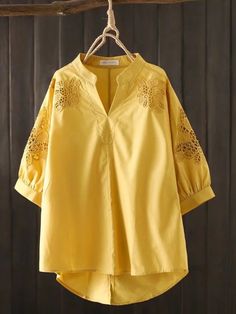 Women's V-Neck Embroidery Mid-Sleeve Solid Shirt Elegant Blouse Casual V-neck Blouse With Embroidered Neckline, Casual V-neck Blouse With Embroidered Sleeves, Casual V-neck Top With Embroidered Sleeves, V-neck Shirt With Floral Embroidery For Spring, Spring V-neck Embroidered Shirt, Summer V-neck Blouse With Embroidered Sleeves, Cotton V-neck Shirt With Floral Embroidery, Embroidered Cotton V-neck Blouse, Cotton V-neck Blouse With Floral Embroidery