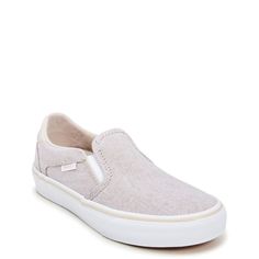 These women's Women's Asher Deluxe summer taupe slip-on sneakers offer a casual take on a timeless style. Crafted with a canvas upper, slip-on design, round toe, dual-density OrthoLite® removable sockliner, ultimate comfort technology, deluxe padded heel & collar, vulcanized construction and an original waffle outsole. | Vans Women's Asher Deluxe Slip-On Sneaker in Summer Taupe Size 5 Medium Euro Chic, Teaching Outfits, Native Shoes, Retro Sneakers, Dress Shoes Womens, Wedge Sneakers, Shoes Heels Pumps, Vegan Shoes, Womens Vans