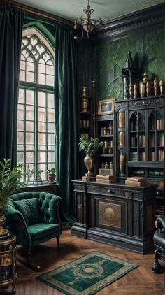 a room with green walls and wooden floors