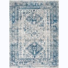 a blue and white rug with an ornate design