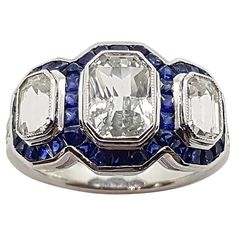 Blue Sapphire Diamond Ring, Emerald Cut Rings, Blue Sapphire Diamond, Diamond Ring Settings, Royal Jewels, Deco Jewelry, Pretty Rings, Three Stone Rings, Art Deco Jewelry