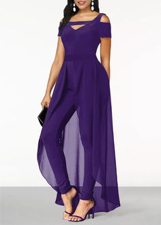 Package Contents : 1 X Jumpsuit Color : Purple Printing Design : Plain Color Sleeve's Length : Short Sleeve Neckline : Off Shoulder Sleeve Style : Cold shoulder Pants Length : Ankle Length Pants Type : Skinny Season : Summer Style : Elegant Occasion : Party Composition : 95% Polyester 5% Spandex Washing Instructions : Hand Wash/Machine Wash See More Short Sleeve Jumpsuit, Trendy Jumpsuit, Purple Fits, Off Shoulder Jumpsuit, Wedding Jumpsuit, Jumpsuit Outfit, Short Sleeve Jumpsuits