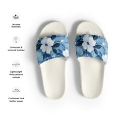 Step into summer with these elegant Dusty Blue Floral Slide Sandals for women, the perfect companions for your beach escapades or vacation getaways. Embrace the season's vibe and make these slides a must-have addition to your summer wardrobe. Designed for ultimate comfort and style, these women's slides boast a cushioned and durable faux leather upper strap, ensuring a cozy fit that lasts all day. The lightweight polyurethane (PU) outsole provides flexibility and ease of movement, making them id Cute Summer Sandals, Summer Slides, White Slides, Summer Slide, Flower Sandals, Summer Water, Womens Slides, Cozy Fits, Summer Sandals