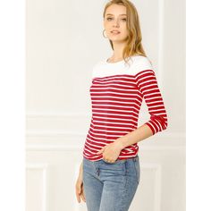 This contrast stripe T-shirt is a classic style for daily life. This piece is contrasted with a color block to fulfill your style statement from a boring all-over stripe top. It's cut from soft fabric that makes you feel comfortable day to night. These casual striped t-shirts match jeans, pants, skirts, or leggings freely, and they are perfect for daily wearing. Red Long Sleeve Top With Contrast Stripes, Red Long Sleeve Tops With Contrast Stripes, Casual Striped Top With Contrast Colors, Casual Striped Top With Contrast Color, White Crew Neck Top With Striped Sleeves, Striped Cotton Tops With Contrast Color, Cotton Striped Top With Contrast Color, White Horizontal Stripe Top For Spring, Red Vertical Stripes Tops For Spring