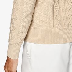 Give any casual look some pronounced pattern and robust texture with this light brown sweater. Comfortably knitted with a bold cross-cable pattern, it features a fine rib along the slightly tapered hem, cuffs, and crewneck collar. Beige Cable Knit Crew Neck Sweater, Classic Beige Cable Knit Sweater, Classic Crew Neck Cable Knit Cardigan, Beige Cable Knit Turtleneck Cardigan, Beige Crew Neck Polo Sweater, Light Brown Sweater, Polo Cardigan, Cable Pattern, White Polo Shirt