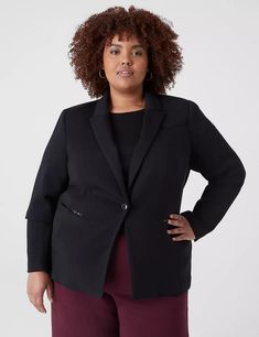 LANE BRYANT JOURNEY KNIT ZIPPER POCKET BLAZER Brand: Lane Bryant Color: Black Material: Modal/Polyester/Spandex Condition: New; inside label is marked to prevent retail returns Details: A blazer in super smooth, ultra-soft fabric with zipper pockets -- AKA when sporty met chic. Our Journey Collection offers comfort and a cool, refined look in a buttery soft fabric that can be dressed up or down. The fabric is perfect for travel and on-the-go moments with less wrinkles, giving you that straight-from-the-suitcase ease. Peak lapel collar. Long sleeves with functional button closures. Single welt chest pocket. Zipper pockets. Princess seams. Center back vent. Super smooth scuba fabric. Button closure at front. FABRIC: Luxuriously soft fabric with easy drape and 4-way stretch you’ll love. TC230 Scuba Fabric, Peak Lapel, Plus Size Black, Knit Blazer, Suit Separates, Princess Seam, Lapel Collar, Lane Bryant, Zipper Pocket