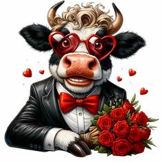 a cow wearing glasses and holding a bouquet of roses