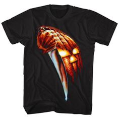 Halloween - Pumpkin Knife Logo Black Adult Short Sleeve T-Shirt tee - Coastline Mall Posters Harry Potter, Labu Halloween, Men Halloween, Horror Movie Posters, Halloween Shirts, Halloween Movies, Michael Myers, Movie T Shirts, Fall Shirts