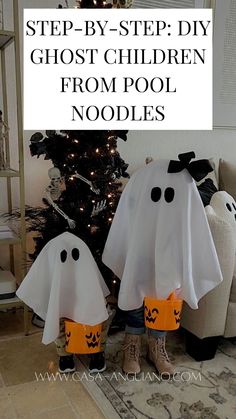 two children in ghost costumes with text overlay that says step - by - step diy ghost children from pool noodles