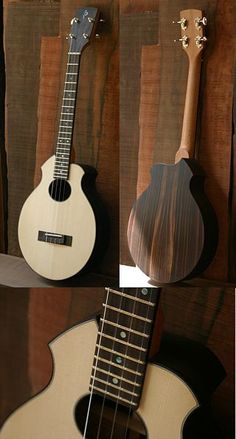 four different types of guitars are shown in this collage, one is white and the other is black