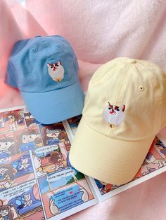 "\"PICK UP MY GROCERIES, PEASANT!\"  Inspired by the adorable Cartoon Hangover Miniseries, we bring you Puppycat on a hat! This little dude is currently available on two colored hats, a pale pastel yellow and baby blue. The accessory of choice to watch during the next Pretty Patrick marathon! Hat size: 6 5/8 - 7 3/8 Adjustable Strap More colors soon to come!" Cute Blue Baseball Cap, Cute One Size Fits Most Cap Hat, Casual Cat Design Hat, One Size Fits Most, Cute Cotton Cap, Playful Yellow Cotton Hats, Playful Yellow Cap, Cute Cotton Baseball Cap, Casual Cat Design Cap, Cute Dad Hat With Curved Brim