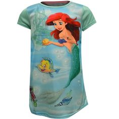 She will be dreaming of ocean adventures in this pretty nightgown! These flame resistant night gowns for toddler girls feature that adventurous mermaid Ariel. Pretty blue and green hues and an ocean theme make this a sure favorite. Machine wash, easy care. Size: 2T.  Color: Multicolor.  Gender: female. Toddler Nightgown, Disney Princess Toddler, Ariel And Flounder, Girls Nightgown, Disney The Little Mermaid, Disney Toddler, Night Gowns, Fantasy Princess, Mermaid Disney