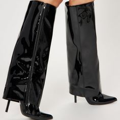 Pretty Patent Leather Knee High Boots Pointed Toe Fold Over Detail Patent Leather 4.5" Stiletto Heel Sleek Knee-high Boots For Party, Knee-high Patent Leather Heeled Boots For Night Out, Bold Fitted Heeled Boots For Fall, Fitted Patent Leather Knee-high Boots For Night Out, Fitted Patent Leather Boots For Night Out, Sleek Party Boots For Fall, Knee-high Patent Leather Boots For Night Out, Patent Leather Knee-high Boots For Night Out, Bold Pointed Toe Fitted Boots