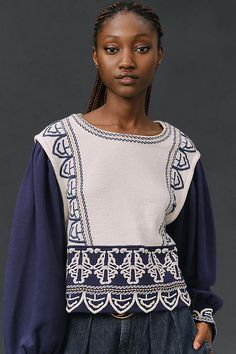 Cotton; polyester embroidery Pullover styling Machine wash Imported | Long-Sleeve Embroidered Top by Anthropologie in White, Women's, Size: XS, Polyester/Cotton Fall Embroidered Sleeve Fitted Tops, Long Sleeve Tops With Contrast Embroidery For Spring, Fitted Long Sleeve Embroidered Top With Geometric Design, Japan Woman, 50 Fashion, Embroidered Top, Accessories Home, Active Wear For Women, Pullover Styling