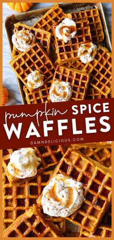 The best morning breakfast one can ask for this season! You don't want to miss out on this pumpkin recipe. Crispy golden on the outside and fluffy on the inside, these Pumpkin Spice Waffles are the fall food you'll want to have all year long! Pumpkin Spice Waffles, Pumpkin Breakfast, Pumpkin Waffles, How To Make Pumpkin, The Best Breakfast, Breakfast Idea, Fall Food