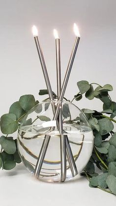 three candles are lit in a glass vase with greenery around it on a white surface