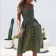 Super Cute And Trendy Button Front Dress In Army Green With Pockets. Buttons Are Fully Functional. Bought This From China And Runs Very Small. This Is Size 2xl But Will True Fit Us Size S/M. Please See Measurement Chart In Pic 2. Unworn And Brand New. Floral Beach Dress, Vintage Sundress, Long Striped Dress, Vestidos Retro, Backless Dress Summer, Sundresses Women, Casual Sundress, Boho Beach Dress, Soft Dress