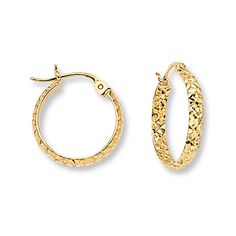 These versatile hoop earrings for her are textured with a diamond-cut pattern. The earrings are fashioned in 14K yellow gold and secure with hinged backs. Textured Small Hoop Yellow Gold Earrings, Textured 14k Yellow Gold Jewelry, Formal Textured Yellow Gold Jewelry, Textured Yellow Gold Round Hoop Earrings, Textured Yellow Gold Hoop Earrings, Textured Round Jewelry For Anniversary, Textured Yellow Gold Round Jewelry, Jewelry Education, Jewelry Advice