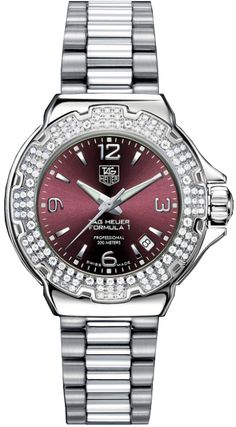 WAC1219.BA0852 TAG HEUER FORMULA 1 LADIES QUARTZ WATCH Store Display Model (What's This?) - Free Overnight Shipping - With Manufacturer Serial Numbers - Swiss Made - Maria Sharapova Advertised Piece - Maroon Red Dial - 120 Diamonds on Bezel (.80 Carat) - Battery Operated Quartz Movement - 3 Year Warranty - Guaranteed Authentic - Certificate of Authenticity - Polished with Brushed Steel Case & Bracelet - Scratch Resistant Sapphire Crystal - Manufacturer Box & Manual - 200 Meters / 660 Feet Water-Resistant - 37mm = 1 3/8" Case, 6" Adjustable Bracelet - Deployment Buckle - Luminescent Hands & Markers - Screw Down Crown & Caseback - Free Bracelet Sizing - Free Lifetime Battery Replacement     Also Known As Model # WAC1219 BA0852 / WAC1219BA0852 Tag Heuer Women, Tag Heuer Formula 1, Tag Heuer Formula, Swiss Army Watches, Tag Heuer Watch, Invicta Watches, Free Bracelet, Seiko Watches, Women's Watch