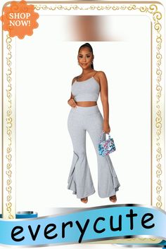 Spaghetti Strap Crop Top+ruffles Flared Pants Set Casual Ruffled Pants For Loungewear, Trendy Stretch Bottoms With Ruffle Hem, Stretch Bottoms With Ruffles In Solid Color, Trendy Ruffled Stretch Pants, Trendy Stretch Pants With Ruffles, Casual Solid Color Pants With Ruffles, Casual Ruffled Flare Bottoms, Casual Flare Bottoms With Ruffles, Trendy Wide Leg Ruffled Pants