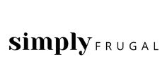 the word simply frugal is written in black on a white background with an orange and