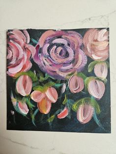 an abstract painting of pink roses on a black and white marble background with green leaves