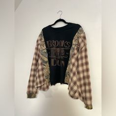 Brooks & Dunn Cropped Shirt One Of A Kind/Handmade Size: Xxl/2x Ships Next Day *Price Is Firm Unless You Bundle With Other Pieces* Brown Patchwork Shirt For Fall, Brown Graphic Print Shirt For Fall, Reworked Cotton Tops For Fall, Upcycle Fashion Diy, Brooks & Dunn, Flannel Shirts, Upcycled Fashion, Cropped Shirt, Fashion Diy