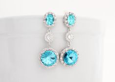 Light Turquoise Swarovski Crystal Earrings, Sky Blue Bridal Dangle Earring, Bridal Statement Earring, Cubic Zirconia Earring Wedding Jewelry Bridal Dangle Earrings, Blue Bridal Shoes, Earring Bridal, Bridal Statement Earrings, Blue Bridal, Bridesmaid Jewelry Sets, Aquamarine Crystal, Statement Earring, Cubic Zirconia Earrings