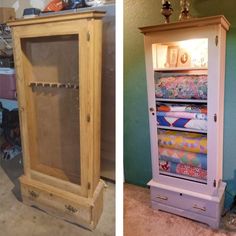 two pictures side by side one has an old cabinet and the other has fabric in it