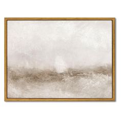 an abstract painting with white and grey colors on the wall, framed in gold frame