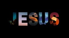 the word jesus written in colorful letters on a black background with trees and sky behind it