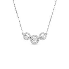 This is that necklace that shines during the day and well into the night. With a classic sparkle, this piece can be worn with any outfit, on any occasion. The necklace features a dainty chain securing a sparkling pendant composed of three concentric rings in a horizontal layout. Each circular outline is traced with diamonds and punctuated at the center with a dancing diamond that flashes a captivating twinkle at even the slightest movement. Classic Clavicle Chain Necklace For Evening, Diamond White Round Necklaces For Evening, White Gold Clavicle Chain Necklace For Evening, Evening White Gold Clavicle Chain Necklace, Diamond Clavicle Chain Necklace For Evening, Brilliant Cut Round Necklaces For Evening, Sterling Silver Round Diamond Necklace For Evening, Sterling Silver Diamond Necklace For Evening, Party Diamond Necklace With Clavicle Chain