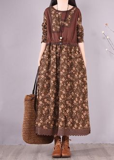 Unique O Neck Patchwork Spring Quilting Clothes Sewing Chocolate Print Loose Dress - Omychic Clothes Sewing, Loose Dress, Maxi Wrap Dress, Unique Dresses, Spring Dresses, Xl Dress, Moda Casual, Dress Fabric, Clothing And Shoes