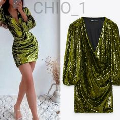 Sequin Wrap Dress Mini Dress With V-Neck Wrap Front And Long Balloon Sleeves With Elastic Cuffs. Sequin Appliqu. Inner Lining. Gorgeous Chartreuse/Green Sequin Fabric With Stretch. Pull Over Style. Slight Balloon Sleeves. Surplice Plunge Neckline. Rare. Is Stretch Fabric & Super Comfortable. This Dress Fits Super Well On Various Bodies. Because It Is Handled A Size Above Normal. Color:Green Shell 97% Polyester 3% Elastane Lining 100% Polyester New With R3 Green Mini V-neck Evening Dress, Fall Party V-neck Dress With Surplice Neckline, Fitted Green V-neck Party Dress, Fitted Green V-neck Dress For Parties, Fitted V-neck Green Dress, Long Sleeve V-neck Dress For Summer Party, Sequin V-neck Mini Dress For Cocktail, V-neck Sequined Mini Dress For Cocktail, V-neck Mini Dress For Cocktail Party Season