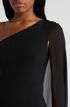 A single cape sleeve lends sweeping drama to a one-shoulder dress that's sure to elevate your next night out. Hidden side-zip closure One-shoulder neck Single long sleeve Lined 95% polyester, 5% spandex Hand wash, line dry Imported Cape Sleeves, Nordstrom Store, Fabric Gifts, Free Fabric, Black Fits, Side Zip, One Shoulder Dress, Shoulder Dress, Cape