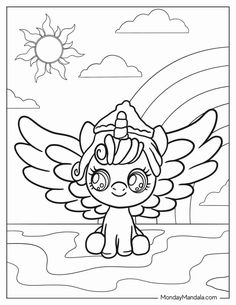 a coloring page with an image of a cute little pony sitting on the ground in front of