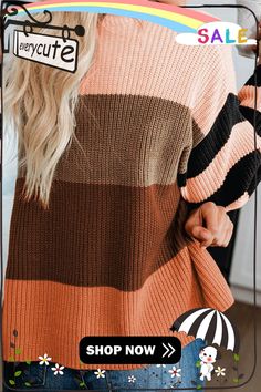 Brown Crew Neck Color Block Oversized Pullover Knit Sweater Oversized Pullover, Knitted Pullover Sweaters, Winter Sweaters, Knit Sweater, Color Block, Cardigans, Knitted Sweaters, Fall Winter, Crew Neck