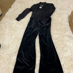 Nwt Juicy Couture Black Label Limited Release Size Small Satin Blouse Top With Drawstring Waist And Velvet Stretch Loose Legs Perfect Holiday Look! 32” Inseam 17” Waist 19” Pit To Pit Black Stretch Jumpsuits And Rompers For Costume Party, Fitted Fall Overalls Pants, Black Stretch Jumpsuit For Costume Party, Fitted Overall Pants For Fall, Fitted Overalls For Fall, Black Full-length Pantsuit For Fall, Black Stretch Evening Set, Black Stretch Evening Sets, Elegant High Waist Black Sets