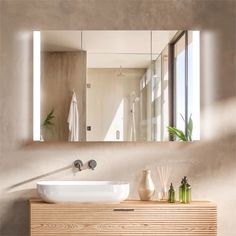 a bathroom sink sitting under a large mirror