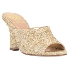 Chic Slip-on Wedge Sandals With Woven Sole, Spring Slip-on Heels With Woven Sole, Beige Heels For Beach Summer Occasions, Elegant Natural Wedge Sandals For Spring, Chic Natural Straw Heels, Chic Beige Heels For Summer Outings, Beige Slip-on Heels For Summer, Elegant Beige Wedge Sandals, Beige Summer Heels For Summer Outings