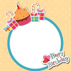 a birthday card with a cupcake and presents on it's side, in the center of a circle