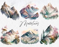 watercolor mountains and trees with the words mountaining written on them in black ink