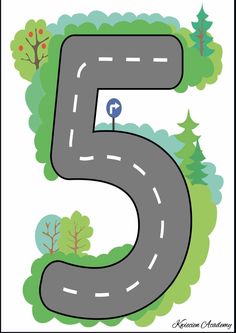 the number five with a road going through it and trees on both sides, as well as a street sign