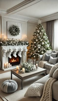 a living room filled with furniture and a christmas tree in front of a fire place