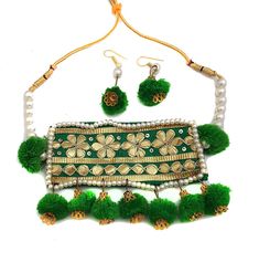 Green Pom Pom And Golden Colour Gotta Handmade Necklace With Earring For Women & Girls (Mehandi/Haldi/Bride) These Necklace set are made of Fabric and the design is very eye catching.This product is hand made, high quality and skin friendly. Suitable for all occassions, Like Pre Wedding Shoot/Mehndi Ceremony Good for Party wear Design: Pom Pom Design to match your beauty and clothes which gives you an equisite and fashion look. These Necklace set are made of Fabric and the design is very eye catching.This product is hand made, high quality and skin friendly. Haldi Bride, Mehndi Ceremony, Golden Colour, Pre Wedding Shoot, Golden Color, Handmade Necklace, Wedding Shoot, Handmade Necklaces, Pre Wedding