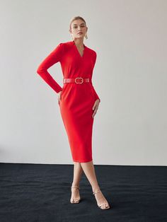 Rojo Elegante Collar manga larga Tela tejida Liso Ajustado Embellished Elástico Ligero Belted Midi Dress, Red Midi Dress, Women Midi, Inspiration Mode, Hem Dress, Kids Beachwear, Womens Midi Dresses, Dress Red, Long Sleeve Knit